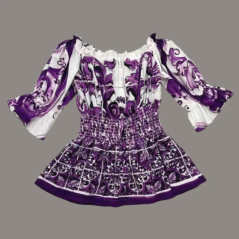 Elegant Women's Silk Top & Printed Cotton Skirt Set – 2-Piece Turn-Down Collar Outfit