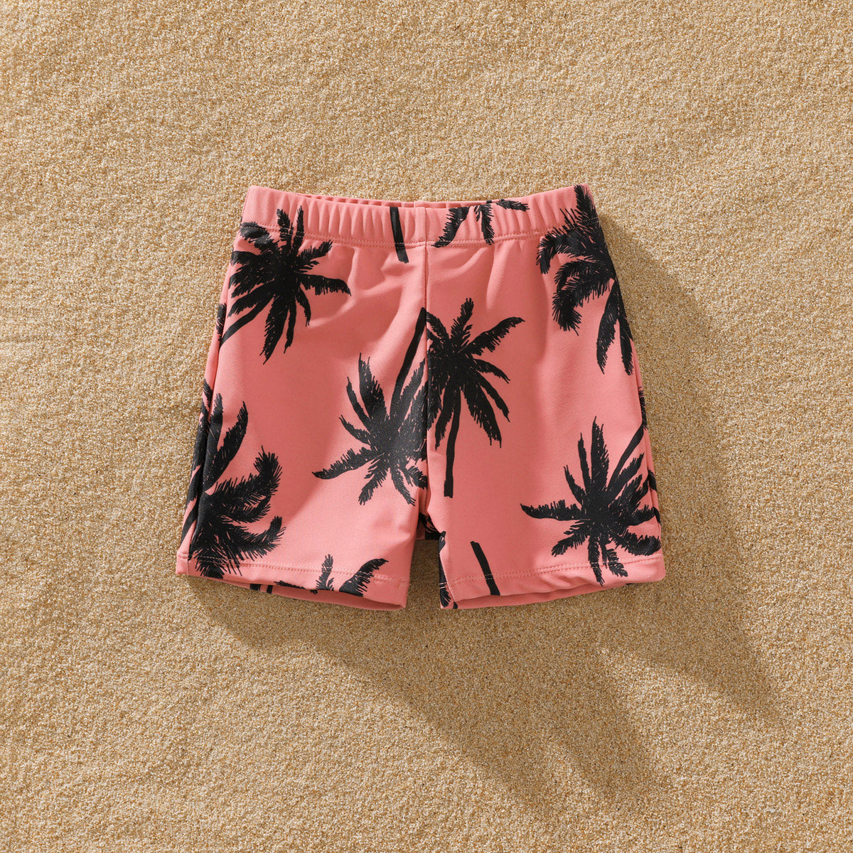 Family Matching Coconut Tree Print Swimwear – Pink Swim Trunks & Spaghetti Strap One-Piece Swimsuit