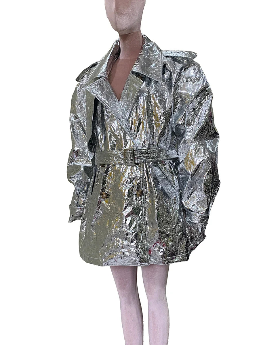 Autumn Oversized Shiny Silver Trench Coat for Women Belt Double Breasted European Fashion Emo Clothes Y2K Streetwear