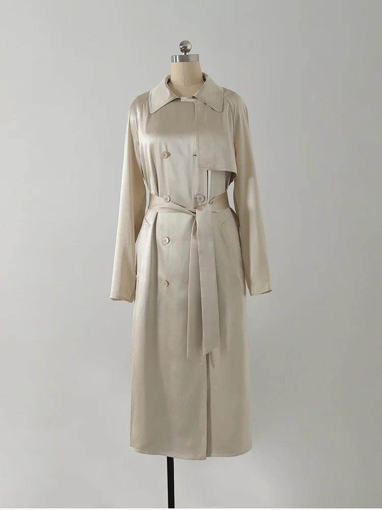 Effortless Chic Gloss 100% Heavy Silk Satin Champagne Double Breasted Belted Trench Elegant Turn-Collar Long Coat Event Outwear