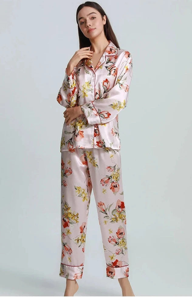 100% Real Silk Women's Pajama Set  |  Printed Long-Sleeve Summer Home Suit