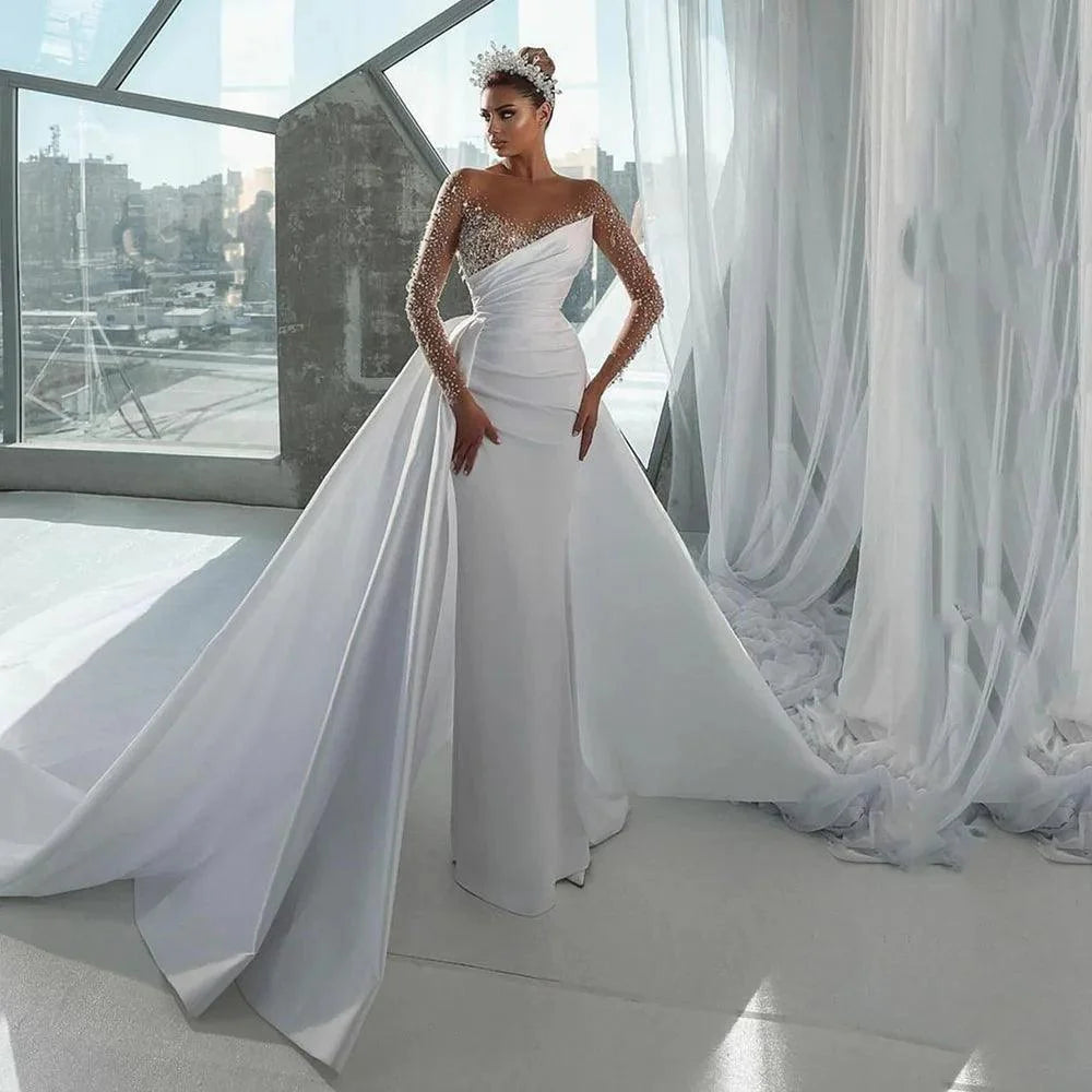 Mermaid Wedding Dress – Illusion Neckline, Beaded Long Sleeves & Detachable Overskirt, Custom Made