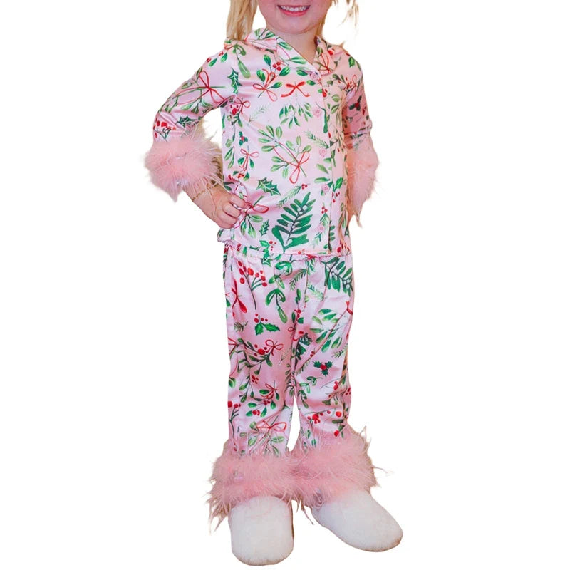 Christmas Leaves Print Mommy and Me Pajamas Set – Loose Top & Pants Family Matching Sleepwear