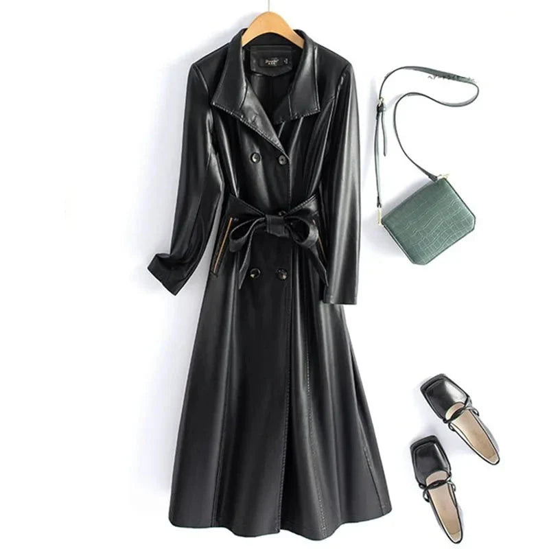Elegant Women'sSheepskin Leather Trench Coat  –  Double Breasted Slim Long Coat with Stand Collar & Lace-Up Detail