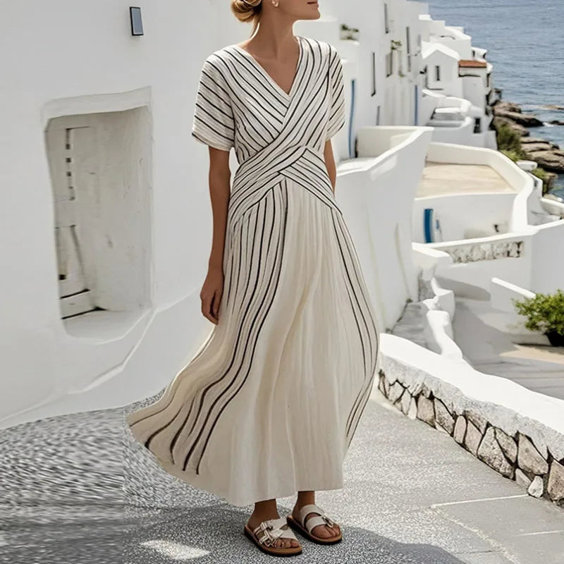 Boho Striped Patchwork Maxi Dress – Spring Summer V-Neck Short Sleeve Loose Party Dress for Women
