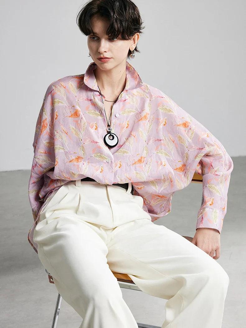 100% Ramie Floral Blouse  -  Pink Turn-Down Collar Shirt