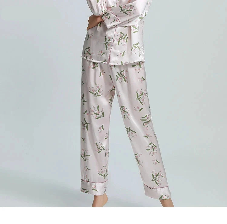100% Real Silk Women's Pajama Set  |  Printed Long-Sleeve Summer Home Suit