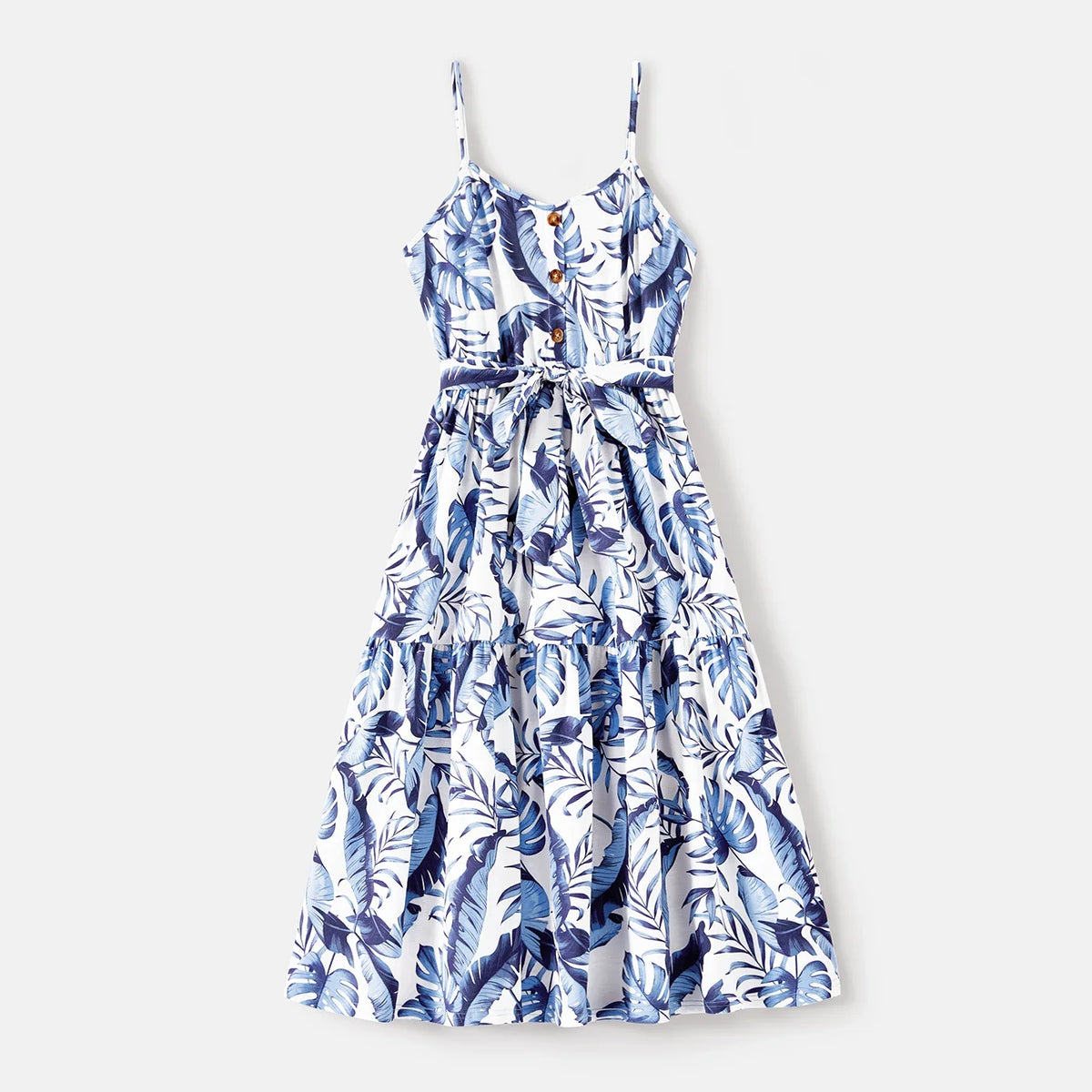 Family Matching Outfits Naia Blue Floral Tee Button Ruffle Hem Strap Dress