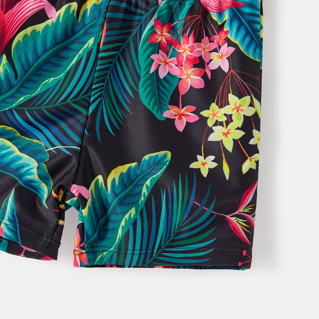 Family Matching Swimsuit Allover Plant Print Crisscross One-Piece Swimsuit and Swim Trunks