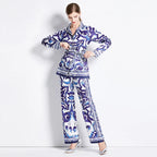 Autumn Women’s Porcelain Print Pantsuit – Red, Blue & White Notched Blouse with Belt + Wide-Leg Trousers Set