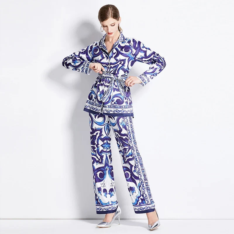 Autumn Women’s Porcelain Print Pantsuit – Red, Blue & White Notched Blouse with Belt + Wide-Leg Trousers Set