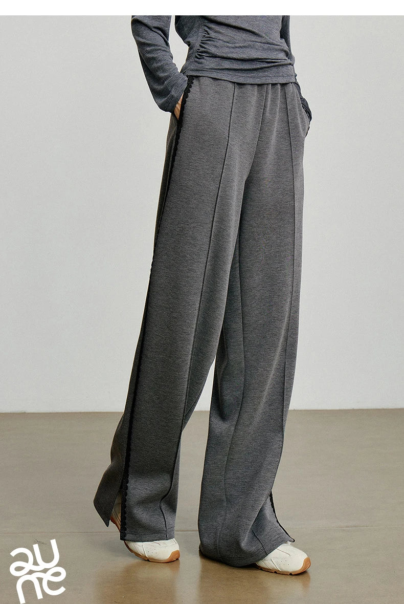 Casual Knit Straight Pants – Elastic Waist Autumn Trousers for Women