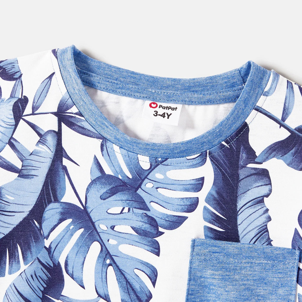 Family Matching Outfits Naia Blue Floral Tee Button Ruffle Hem Strap Dress