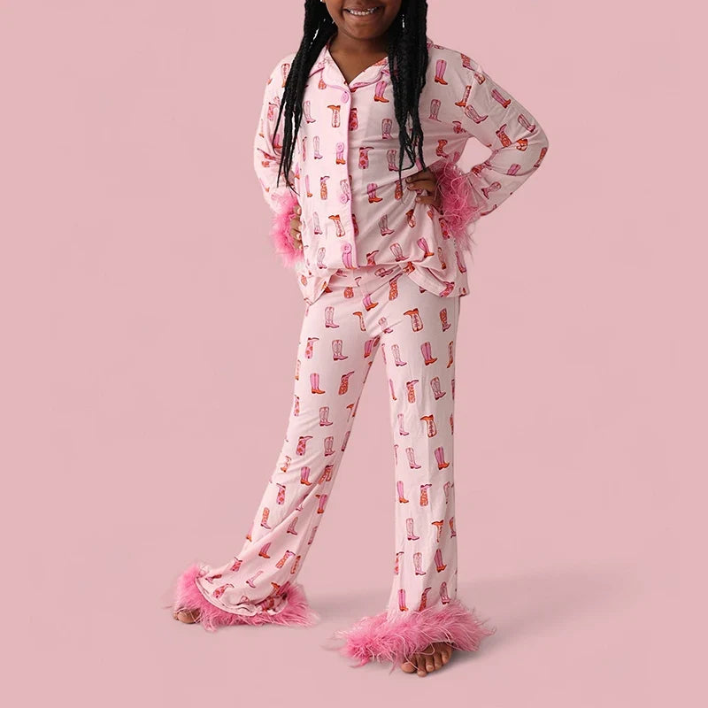 Christmas Mom and Me Matching Cowgirl Pajamas Set – Boot Print Long Sleeve Top & Pants Family Loungewear