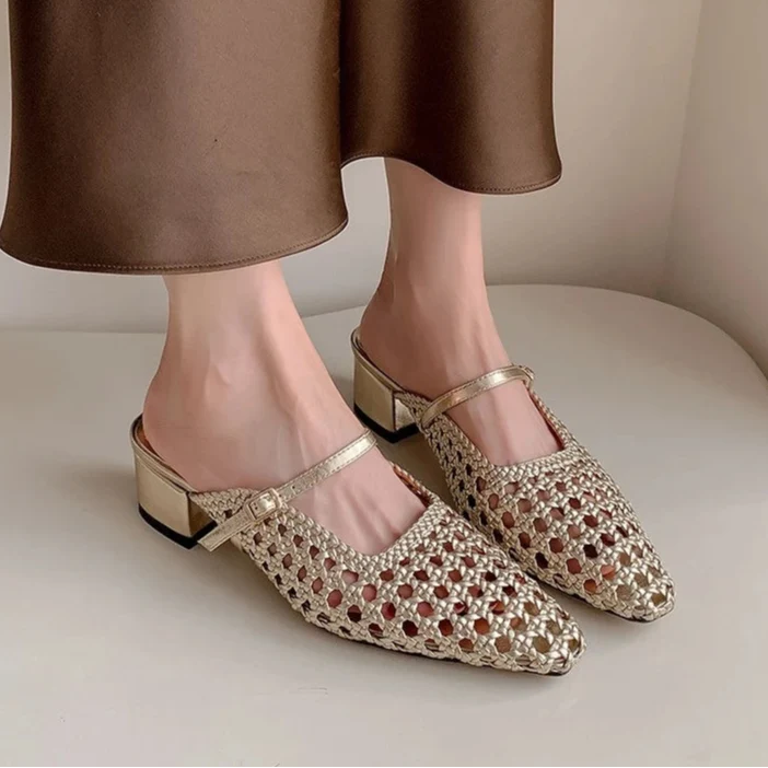 2025 Braided Slipper Women Covered Pointed Toe Buckle Up Mules Female Med Chunky Heels Daily Outdoor Breathable Slides