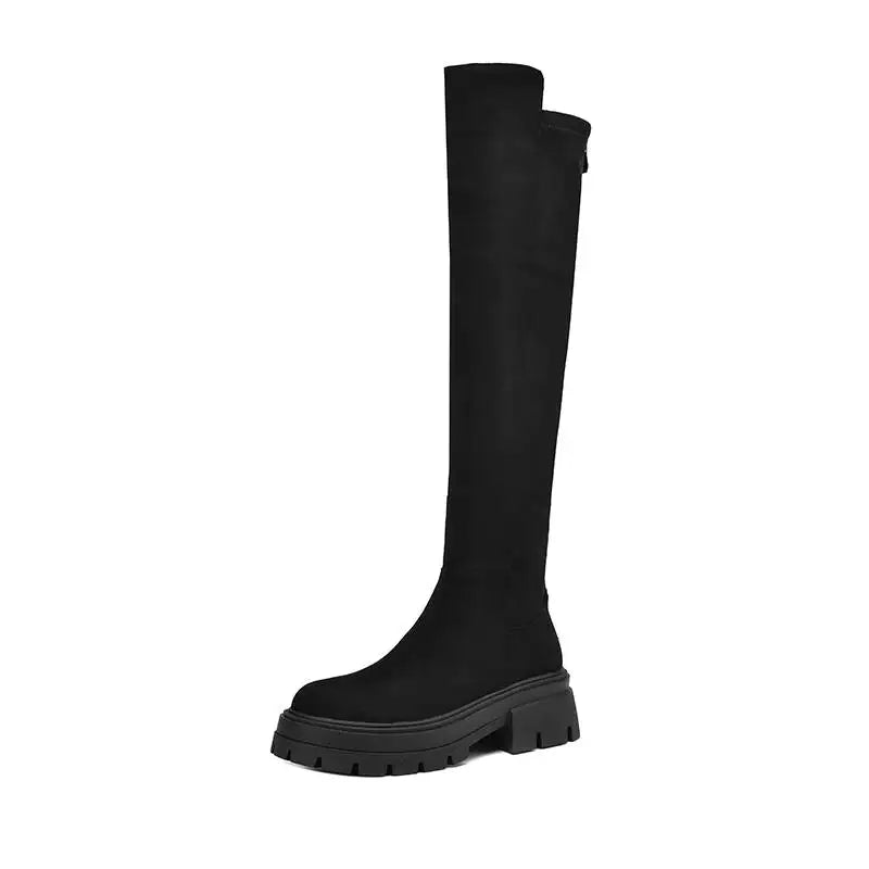 Flock Round Toe Stretch Over-the-Knee Boots with Medium Heels – Elegant, Modern, and Warm Slip-On Style for Leisure and Everyday Chic