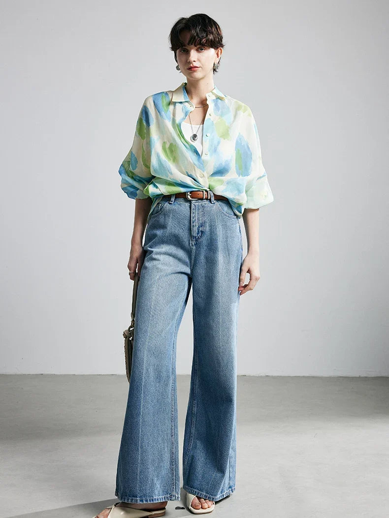 100% Ramie Floral Blouse  -  Pink Turn-Down Collar Shirt