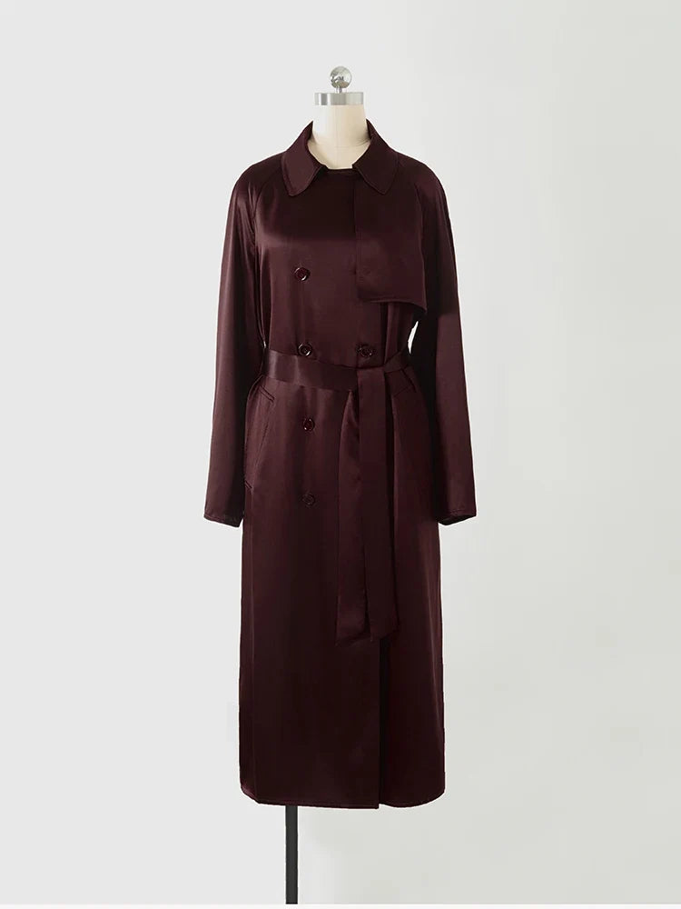 Effortless Chic Gloss 100% Heavy Silk Satin Champagne Double Breasted Belted Trench Elegant Turn-Collar Long Coat Event Outwear