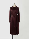Effortless Chic Gloss 100% Heavy Silk Satin Champagne Double Breasted Belted Trench Elegant Turn-Collar Long Coat Event Outwear