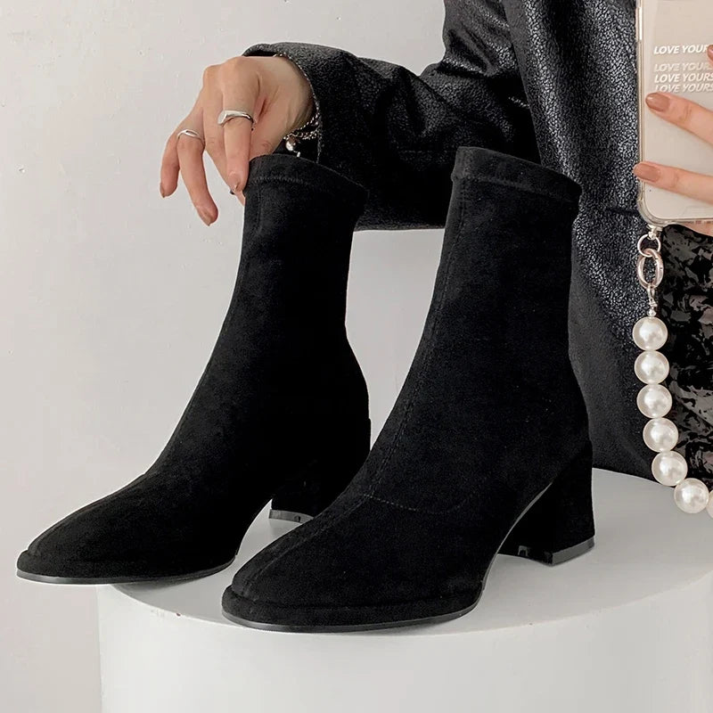 2026 new autumn winter women ankle boots 22-24.5cm stretch flannel square toe thick high heel skinny boots fashion short boots