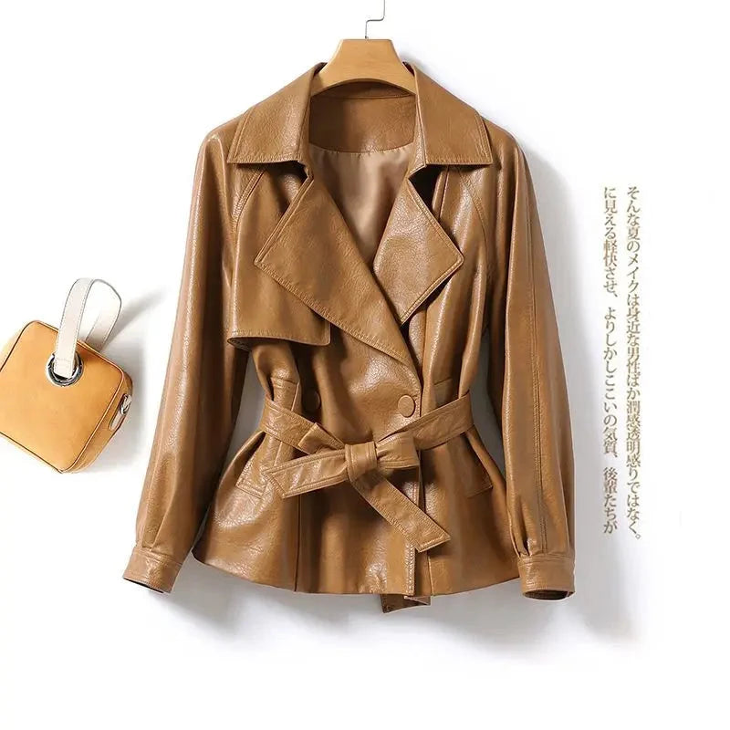 Fashionable Genuine Leather Jacket for Women Waist-Tied Loose Fit Black or Brown  |  Casual Luxury Outerwear
