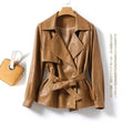 Fashionable Genuine Leather Jacket for Women Waist-Tied Loose Fit Black or Brown  |  Casual Luxury Outerwear