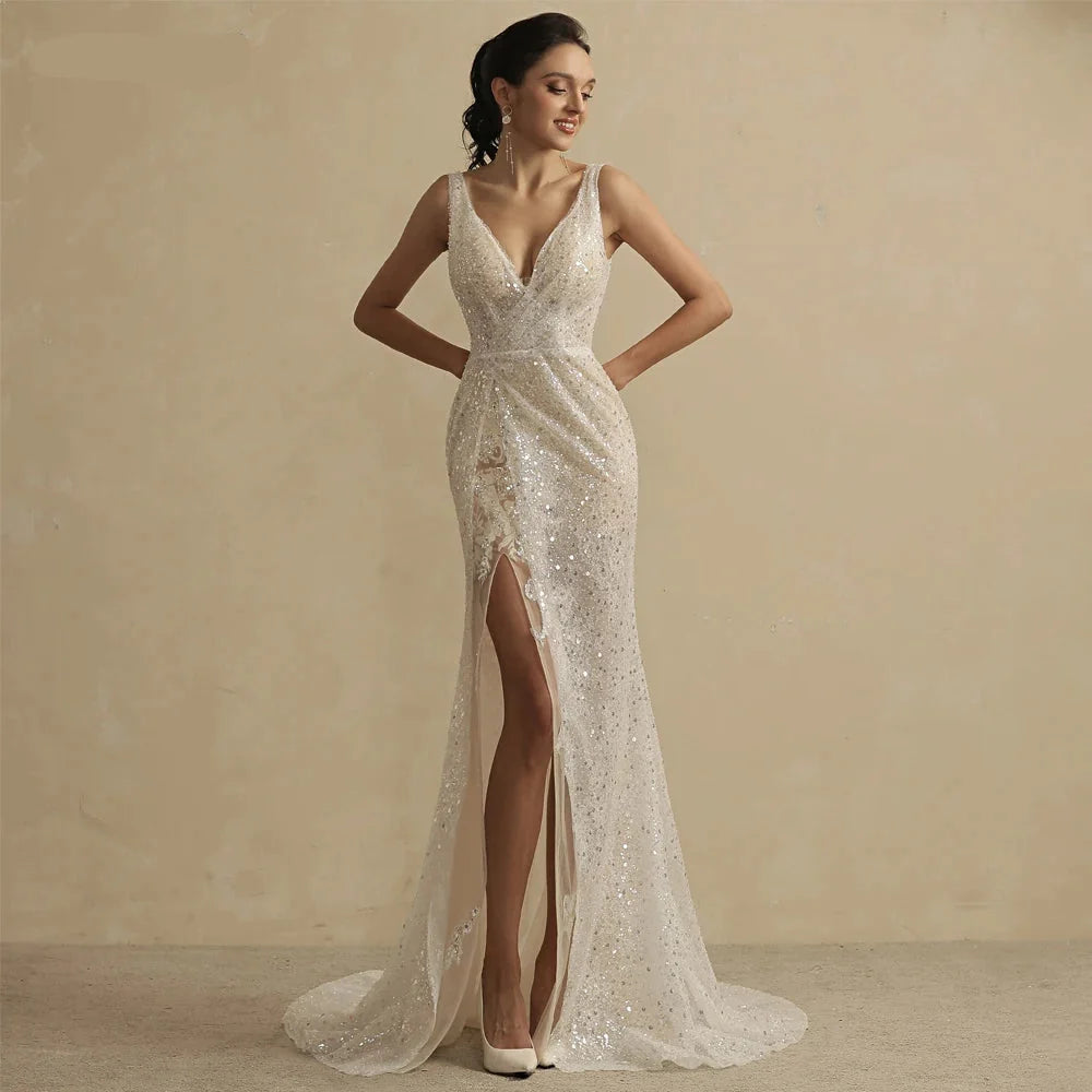 Glitter A-Line Wedding Dress – Puff Sleeves, Sweetheart Neckline & Lace Bridal Gown, Custom Made