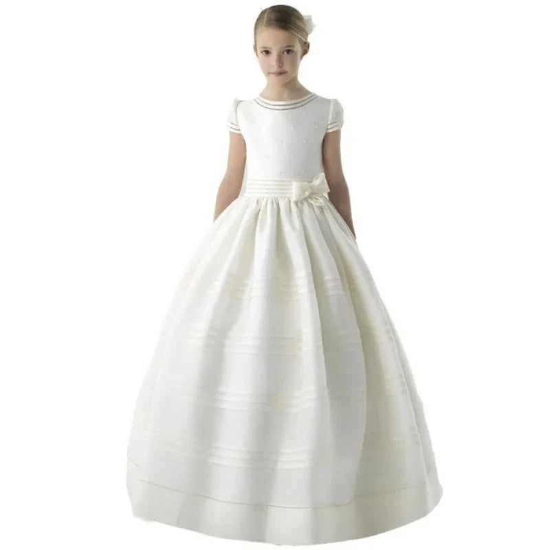 Customized Flower Girls Dresses Vintage Ivory Satin Pearls Top With Bow For Wedding Birthday Party Princess Baptism Gowns