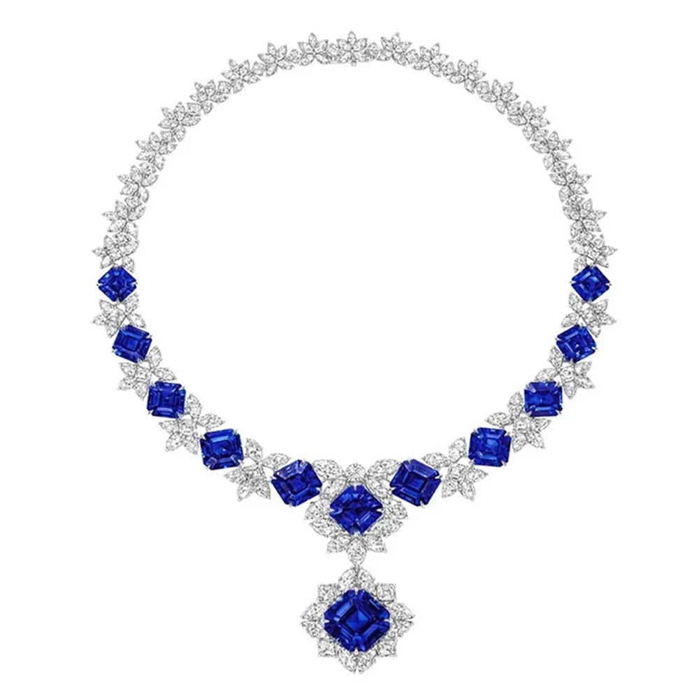 Designer 925 Sterling Silver Asscher-Cut 12MM Sapphire, Ruby, Emerald, and High-Carbon Diamond Gemstone Pendant Necklace Fine Jewelry