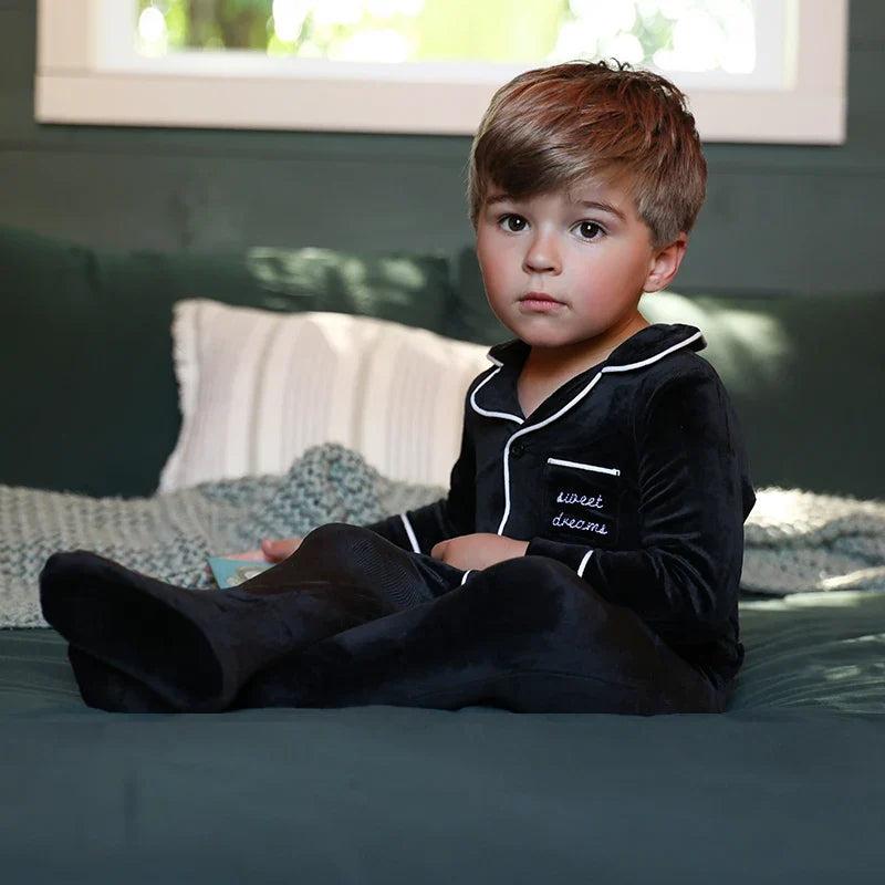 Ali Plus AW25 Grandfather Pjs Black And Red Ribbed Velour Brother And Sister Matches Clothing
