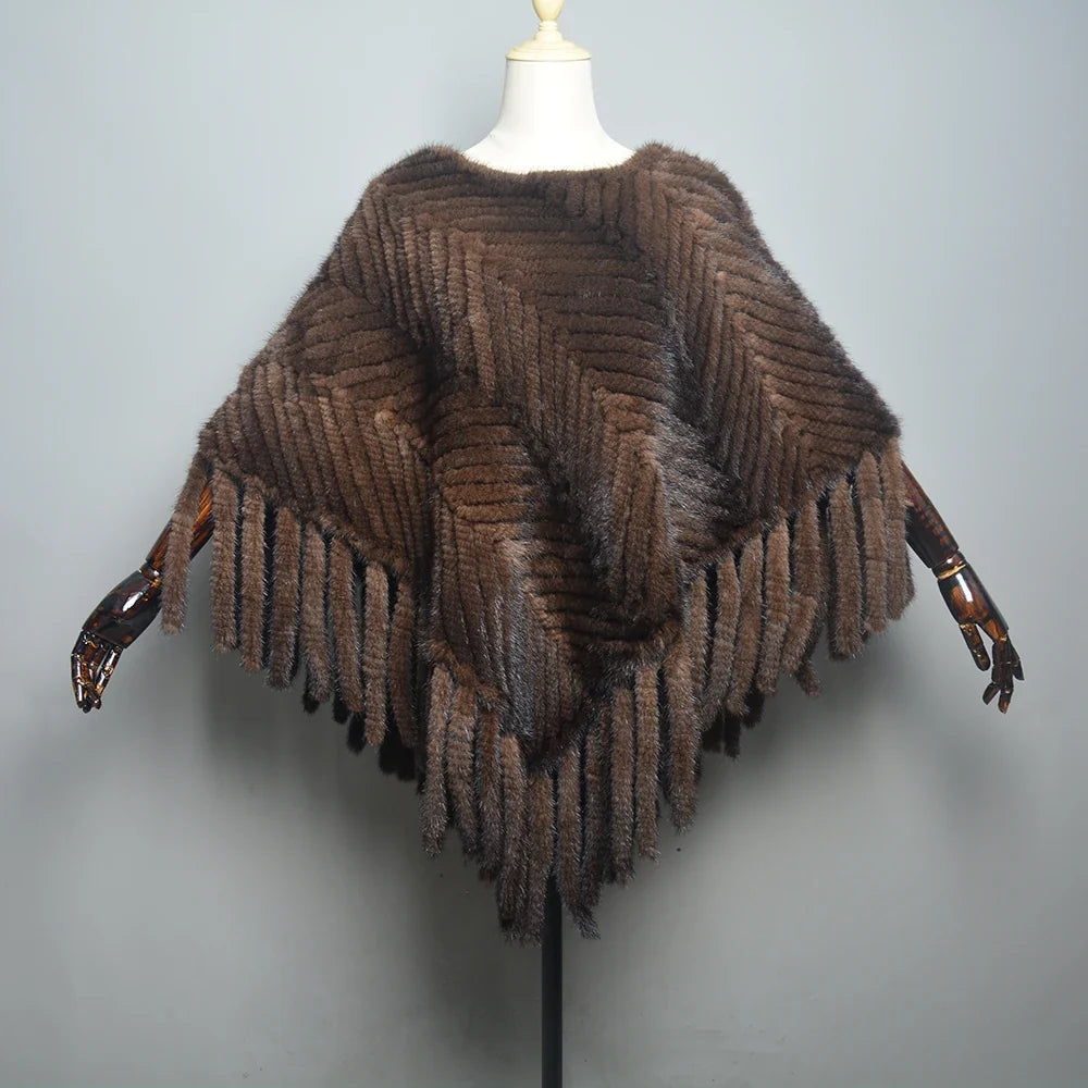 2024 Hot Sale Women Real Fur Poncho Black Brown Knitted Natural Mink Fur Scarves Shawl Lady Fashion 100% Genuine Mink Fur Shawls