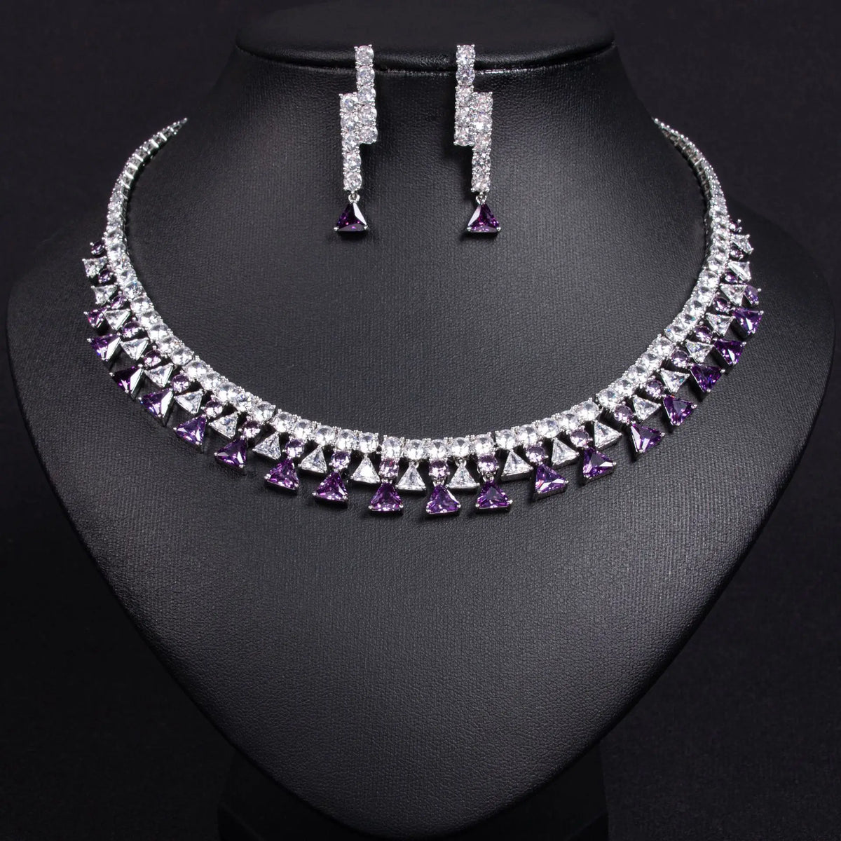 Geometric Triangle Zircon Jewelry Set for Women  Shiny Necklace & Earrings for Dubai Bridal Wedding or Party Gift