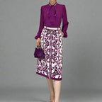 Elegant Women's Silk Top & Printed Cotton Skirt Set – 2-Piece Turn-Down Collar Outfit