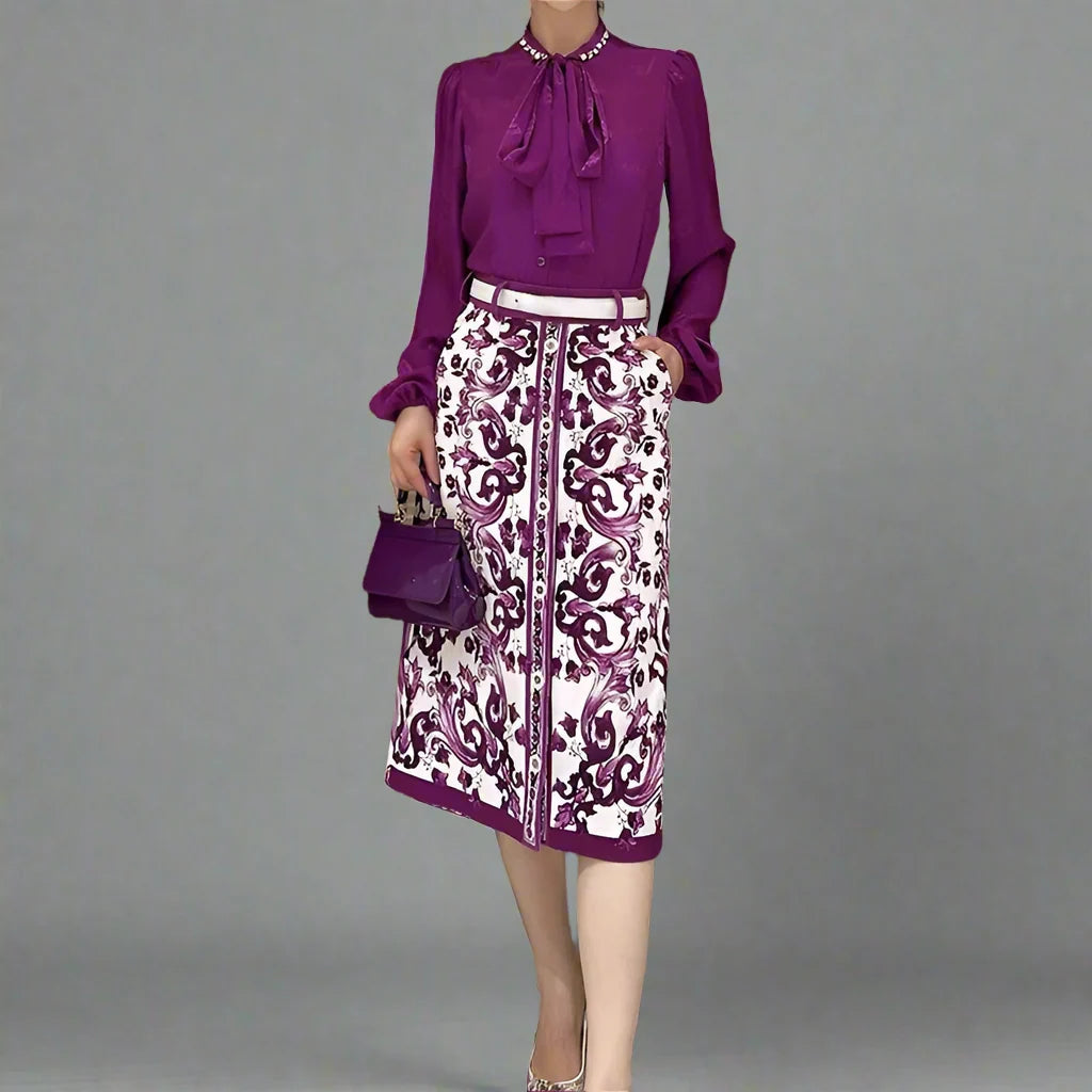 Elegant Women's Silk Top & Printed Cotton Skirt Set – 2-Piece Turn-Down Collar Outfit