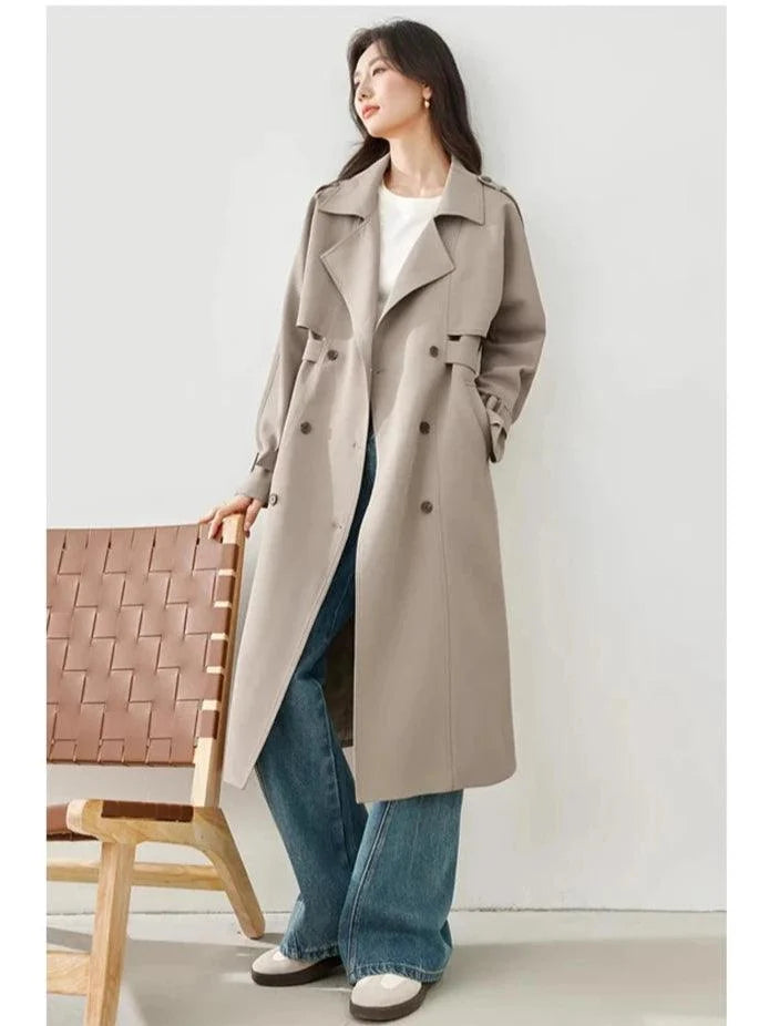 Elegant Long Trench Coat for Women – Fall Double-Breasted Windbreaker