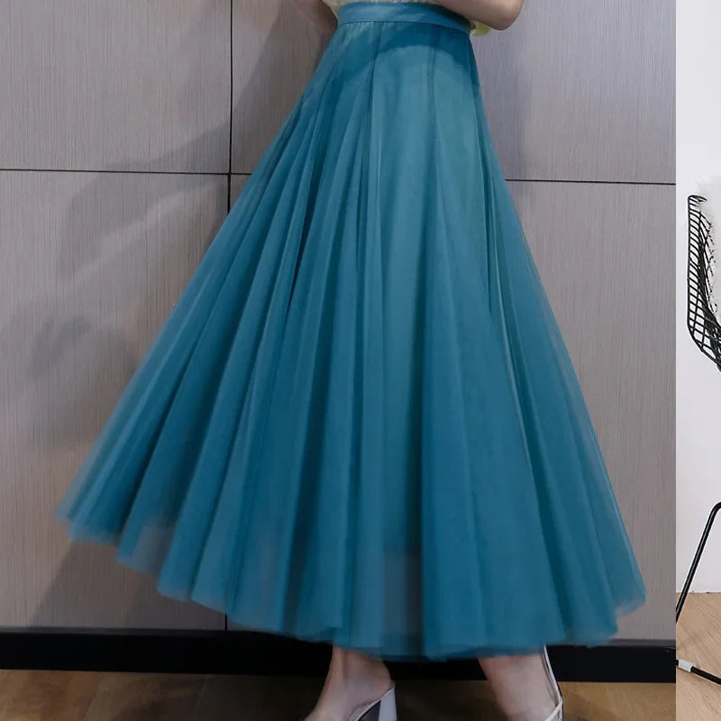 Elegant Beige Tulle Maxi Skirt – High Waist A-Line Mesh Long Skirt for Women