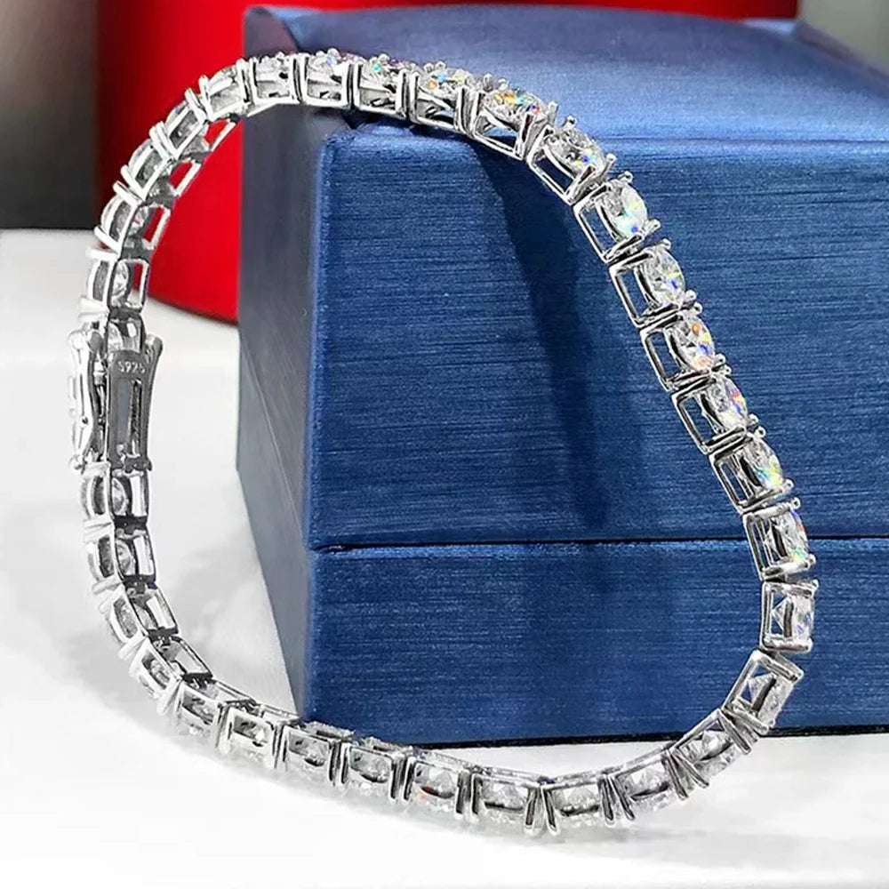 925 Sterling Silver Moissanite Tennis Bracelet 3EX Round Cut VVS1 D Color (3mm/4mm/5mm) | Adjustable 15-20cm | Elegant Gift for Women