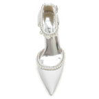 Elegant Satin Evening Pumps with Thick Block Heel, Pearls & Ankle Strap  -  Bridal, Prom, Party Shoes
