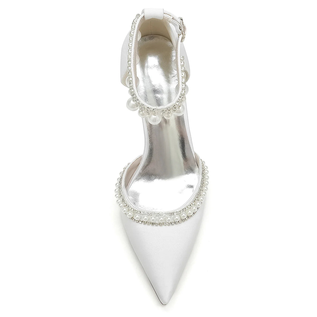 Elegant Satin Evening Pumps with Thick Block Heel, Pearls & Ankle Strap  -  Bridal, Prom, Party Shoes