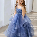 Blue Lace Tulle Flower Girl Dress - Spaghetti Straps