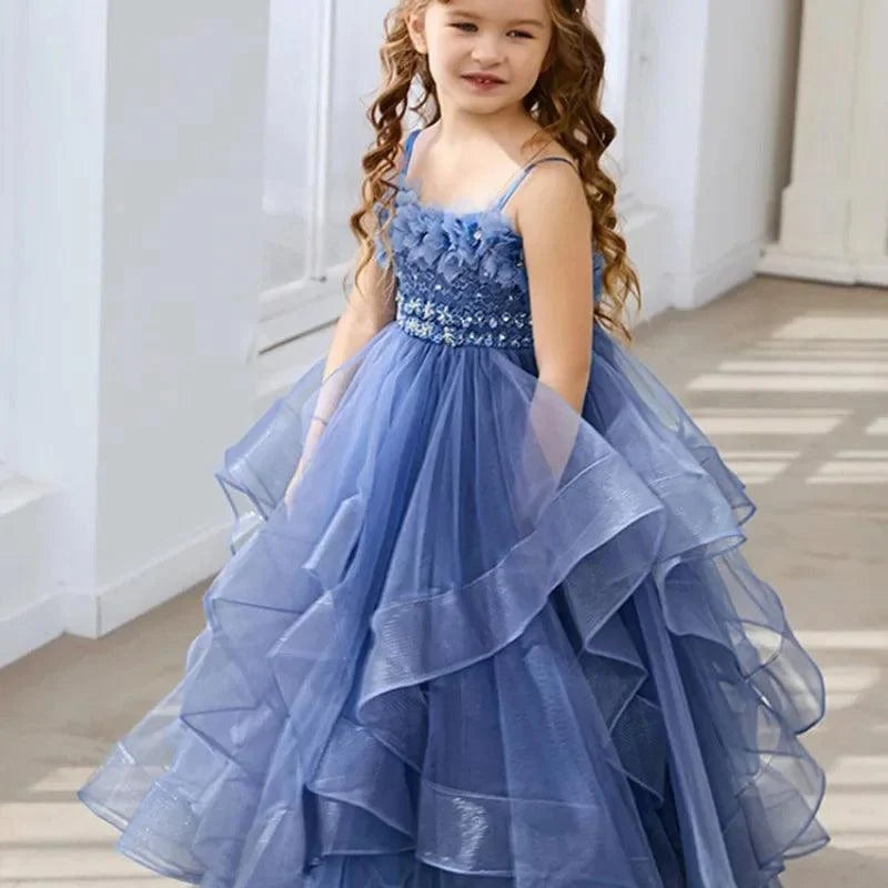 Blue Lace Tulle Flower Girl Dress - Spaghetti Straps