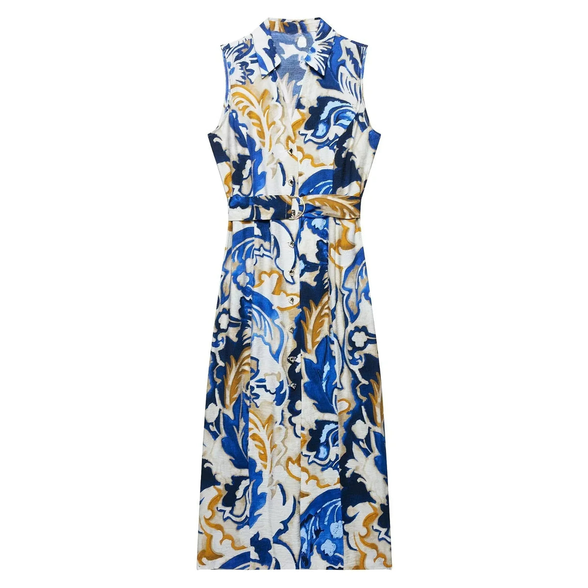 2025 Sleeveless Collared Maxi Dress  -  Belted Waist & Bold Abstract Print
