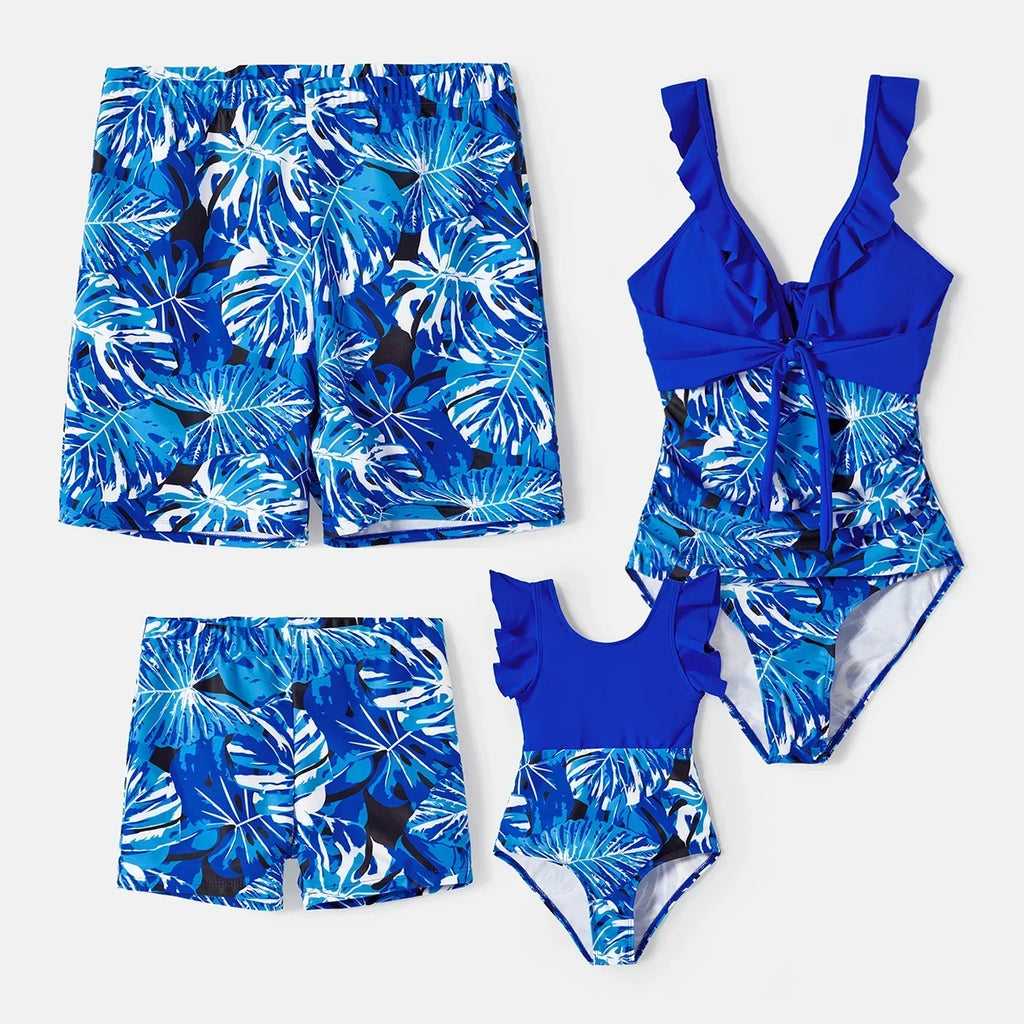 Family Matching Swimsuits Plant Print Swim Trunks and Blue Ruffle Trim Spliced One-piece Swimsuit