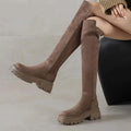 Flock Round Toe Stretch Over-the-Knee Boots with Medium Heels – Elegant, Modern, and Warm Slip-On Style for Leisure and Everyday Chic