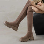 Flock Round Toe Stretch Over-the-Knee Boots with Medium Heels – Elegant, Modern, and Warm Slip-On Style for Leisure and Everyday Chic