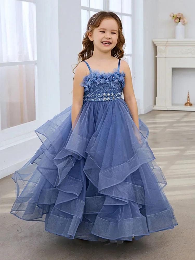 Blue Lace Tulle Flower Girl Dress - Spaghetti Straps