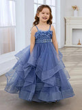 Blue Lace Tulle Flower Girl Dress - Spaghetti Straps
