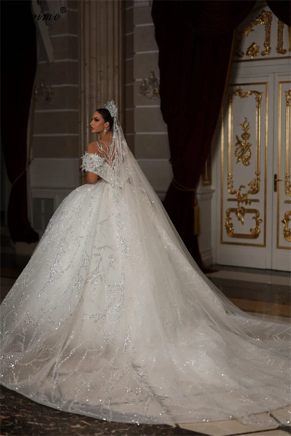 Sparkly Sequined A-Line Wedding Dress – Princess Chapel Train, Custom Made