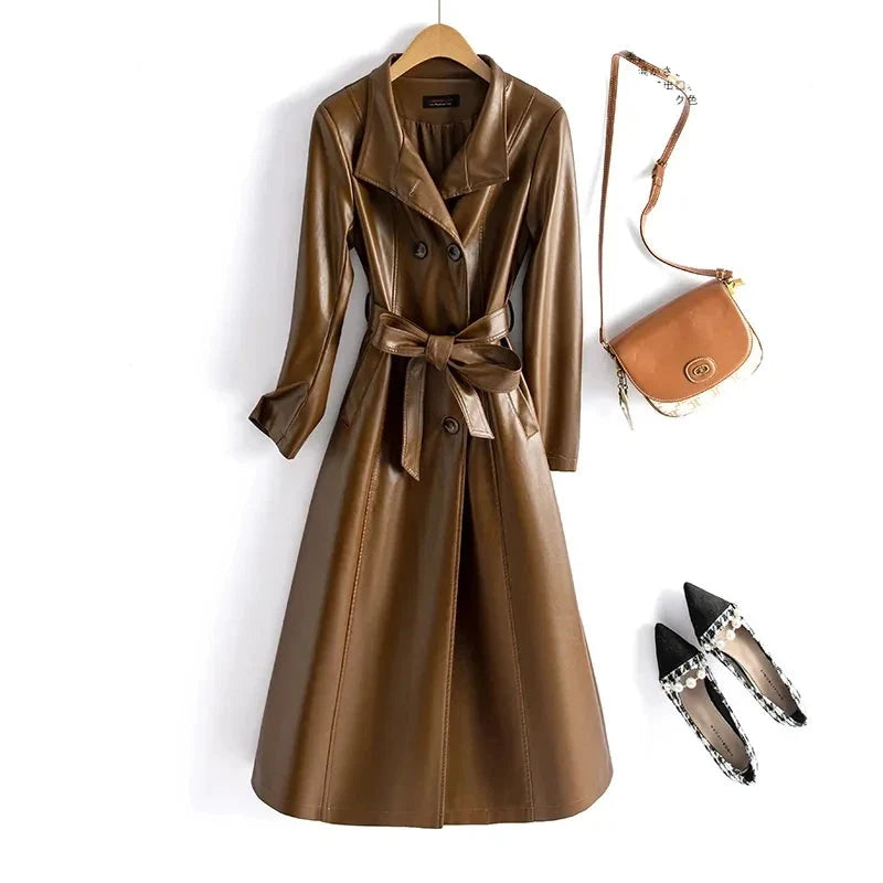 Elegant Women'sSheepskin Leather Trench Coat  –  Double Breasted Slim Long Coat with Stand Collar & Lace-Up Detail