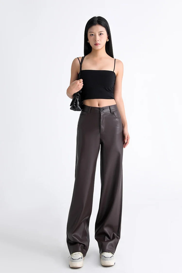 Fall Winter Fleece Loose Wide Leg Warm Leather Pants Women Button Pocket High Waist Thick PU Casual Straight Pants
